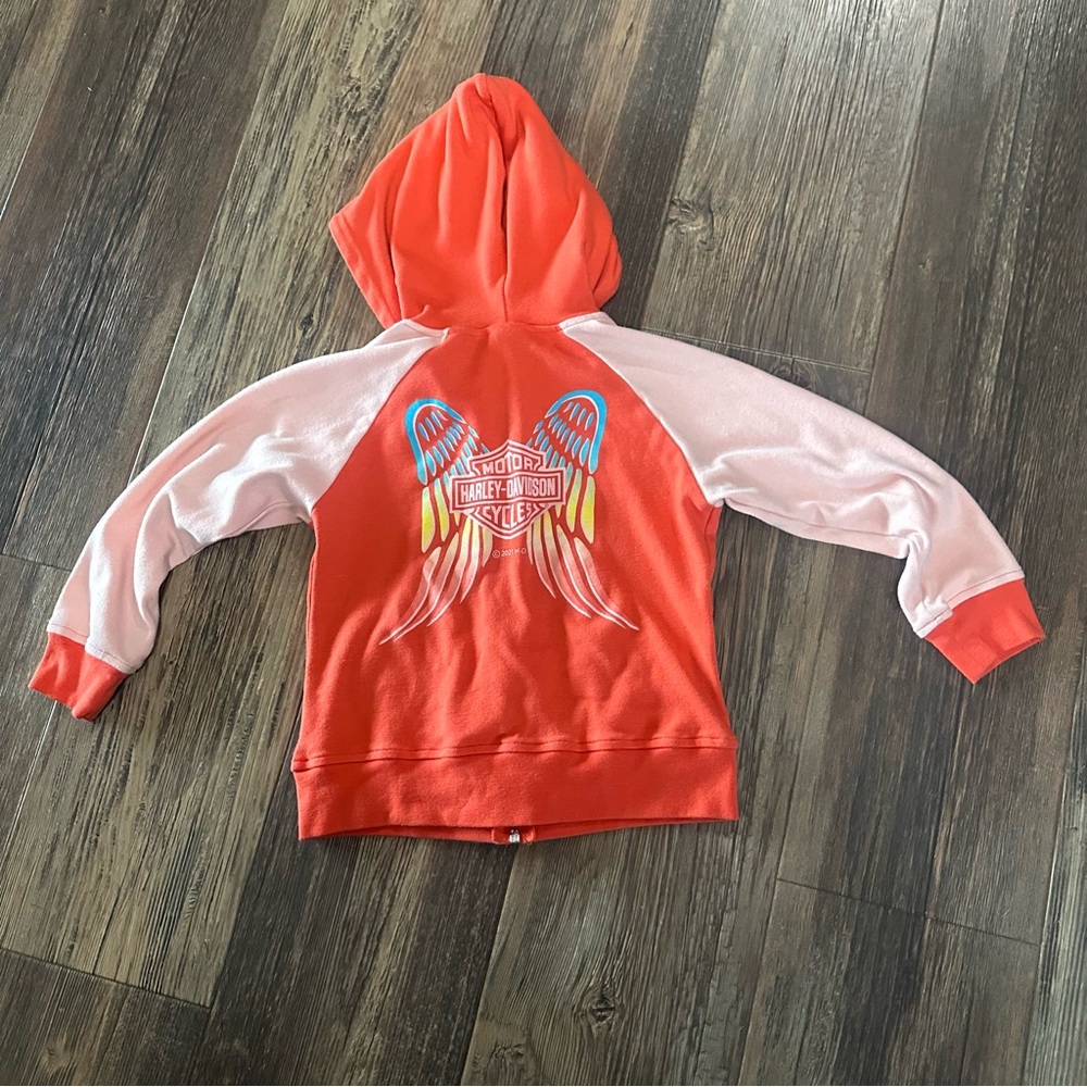 Harley Davidson orange zip up hooded sweatshirt jacket angel wings girls size 6